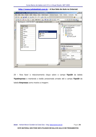 Curso Banco de dados com C# e o Visual Studio .NET 2005

      http://www.juliobattisti.com.br - A Sua Sala de Aula na Internet




29 – Para fazer o relacionamento clique sobre o campo TipoID da tabela

TipoEmpresa e mantendo o botão pressionado arraste até o campo TipoID da

tabela Empresas como mostra a imagem:




Autor: Herbert Moroni Cavallari da Costa Gois – blog: www.moroni.com.br     Página 36

     ESTE MATERIAL NÃO PODE SER UTILIZADO EM SALA DE AULA E EM TREINAMENTOS
 