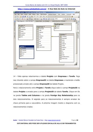 Curso Banco de dados com C# e o Visual Studio .NET 2005

      http://www.juliobattisti.com.br - A Sua Sala de Aula na Internet




14 - Falta apenas relacinarmos a tabela Projeto com Empresas e Tarefa. Faça

isso clicando sobre o campo EmpresaID na tabela Empresas e mantendo o botão

pressionado arraste até o campo EmpresaID da tabela Projeto.

Para o relacionamento entre Projeto e Tarefa clique sobre o campo ProjetoID na

tabela Projeto e arraste para o campo ProjetoID da tabela Tarefa. Clique em Ok

na janela Tables and Columns e na janela Foreign Key Relationship para os

dois relacionamentos. O segredo para os relacionamentos é sempre arrastar da

chave primaria para a secundária. A próxima imagem mostra o diagrama com os

relacionamentos criados:




Autor: Herbert Moroni Cavallari da Costa Gois – blog: www.moroni.com.br     Página 90

     ESTE MATERIAL NÃO PODE SER UTILIZADO EM SALA DE AULA E EM TREINAMENTOS
 
