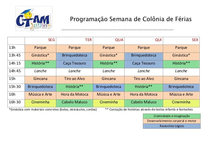 Programação colônia de férias