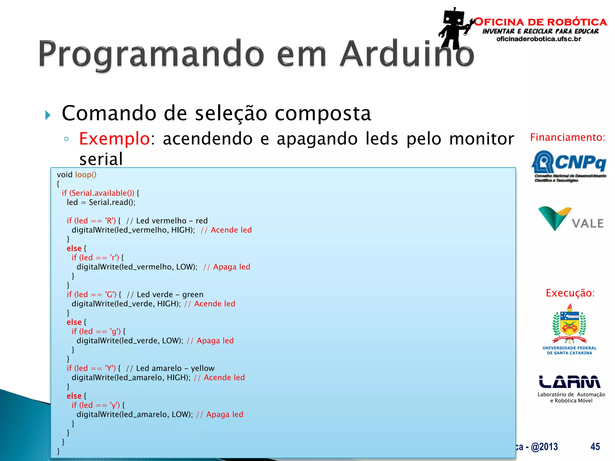Laboratório de Automação
e Robótica Móvel
Financiamento:
Execução:
 Comando de seleção composta
◦ Exemplo: acendendo e apagando leds pelo monitor
serial
UFSC - Oficina de Robótica - @2013 45
void loop()
{
if (Serial.available()) {
led = Serial.read();
if (led == 'R') { // Led vermelho - red
digitalWrite(led_vermelho, HIGH); // Acende led
}
else {
if (led == 'r') {
digitalWrite(led_vermelho, LOW); // Apaga led
}
}
if (led == 'G') { // Led verde - green
digitalWrite(led_verde, HIGH); // Acende led
}
else {
if (led == 'g') {
digitalWrite(led_verde, LOW); // Apaga led
}
}
if (led == 'Y') { // Led amarelo - yellow
digitalWrite(led_amarelo, HIGH); // Acende led
}
else {
if (led == 'y') {
digitalWrite(led_amarelo, LOW); // Apaga led
}
}
}
}
 