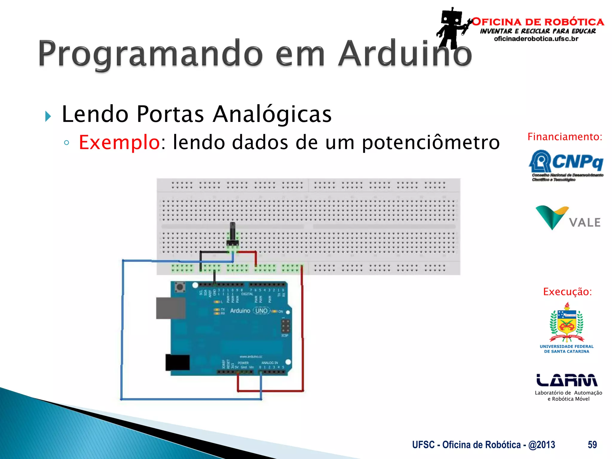 Laboratório de Automação
e Robótica Móvel
Financiamento:
Execução:
 Lendo Portas Analógicas
◦ Exemplo: lendo dados de um potenciômetro
UFSC - Oficina de Robótica - @2013 59
 