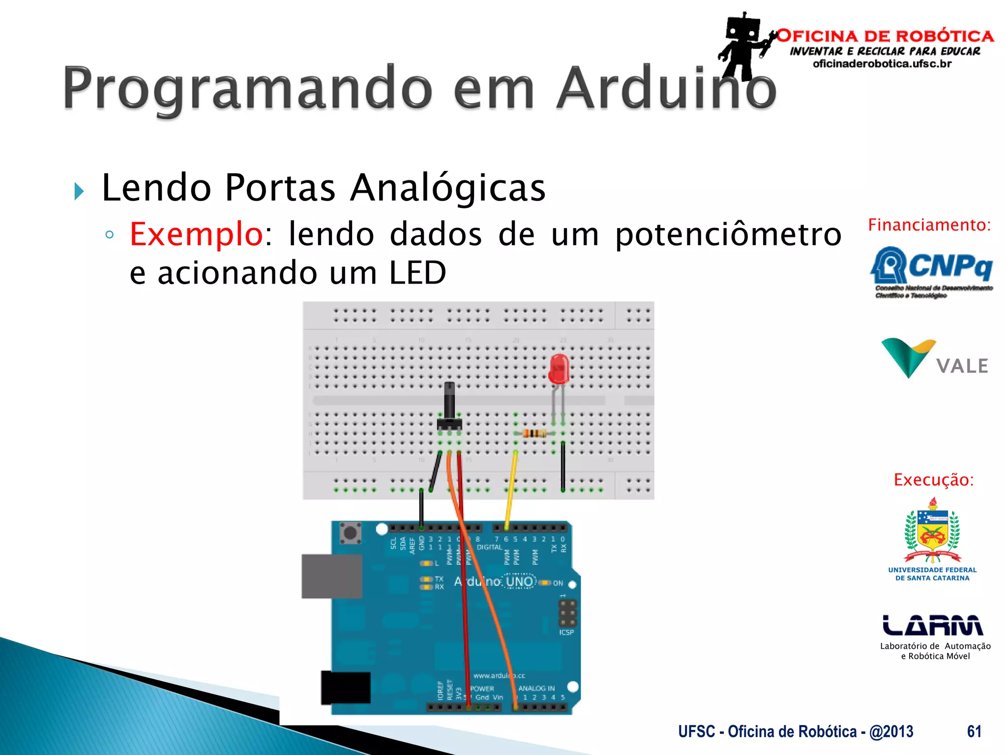 Laboratório de Automação
e Robótica Móvel
Financiamento:
Execução:
 Lendo Portas Analógicas
◦ Exemplo: lendo dados de um potenciômetro
e acionando um LED
UFSC - Oficina de Robótica - @2013 61
 
