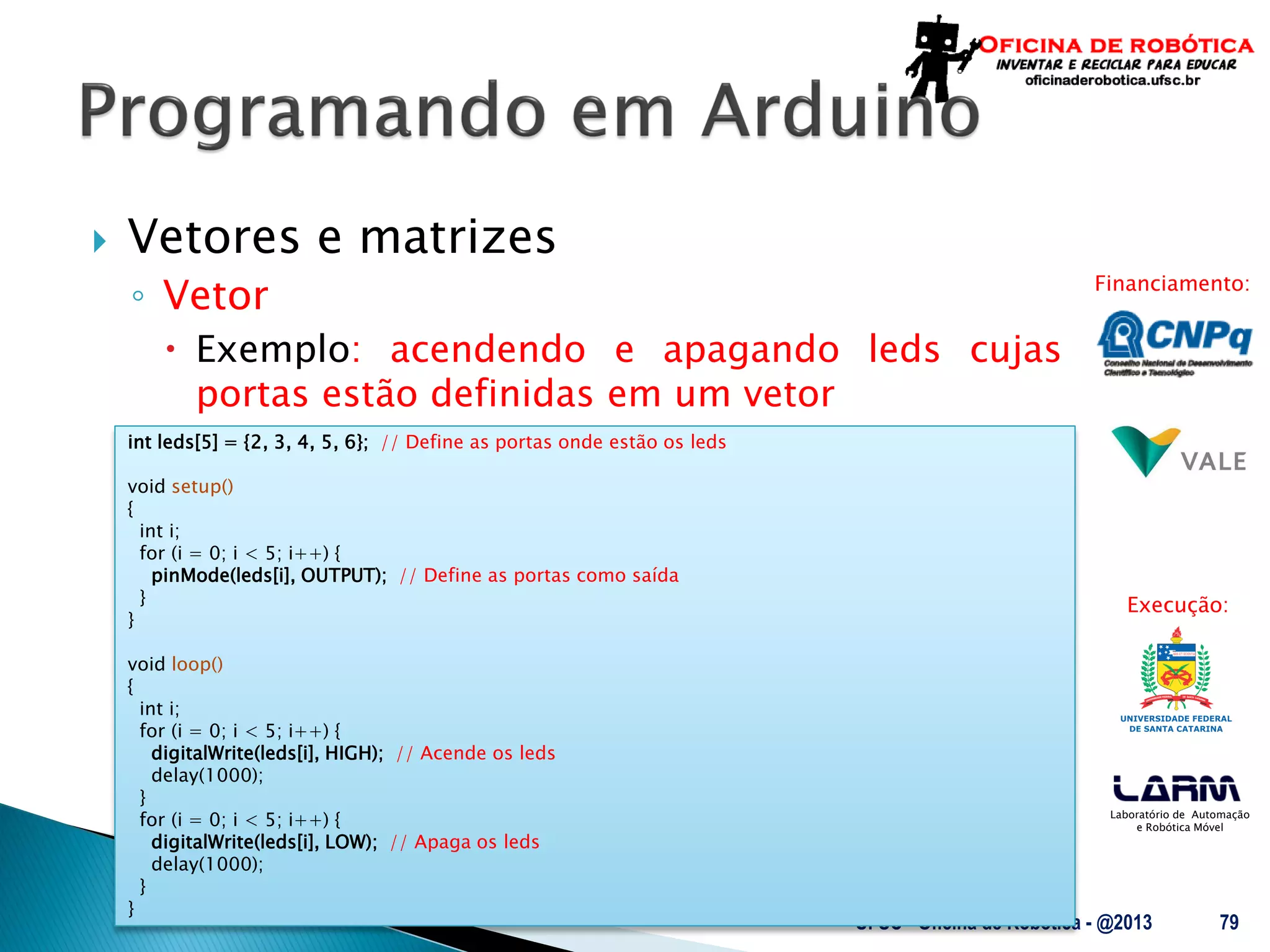 Laboratório de Automação
e Robótica Móvel
Financiamento:
Execução:
 Vetores e matrizes
◦ Vetor
 Exemplo: acendendo e apagando leds cujas
portas estão definidas em um vetor
UFSC - Oficina de Robótica - @2013 79
int leds[5] = {2, 3, 4, 5, 6}; // Define as portas onde estão os leds
void setup()
{
int i;
for (i = 0; i < 5; i++) {
pinMode(leds[i], OUTPUT); // Define as portas como saída
}
}
void loop()
{
int i;
for (i = 0; i < 5; i++) {
digitalWrite(leds[i], HIGH); // Acende os leds
delay(1000);
}
for (i = 0; i < 5; i++) {
digitalWrite(leds[i], LOW); // Apaga os leds
delay(1000);
}
}
 