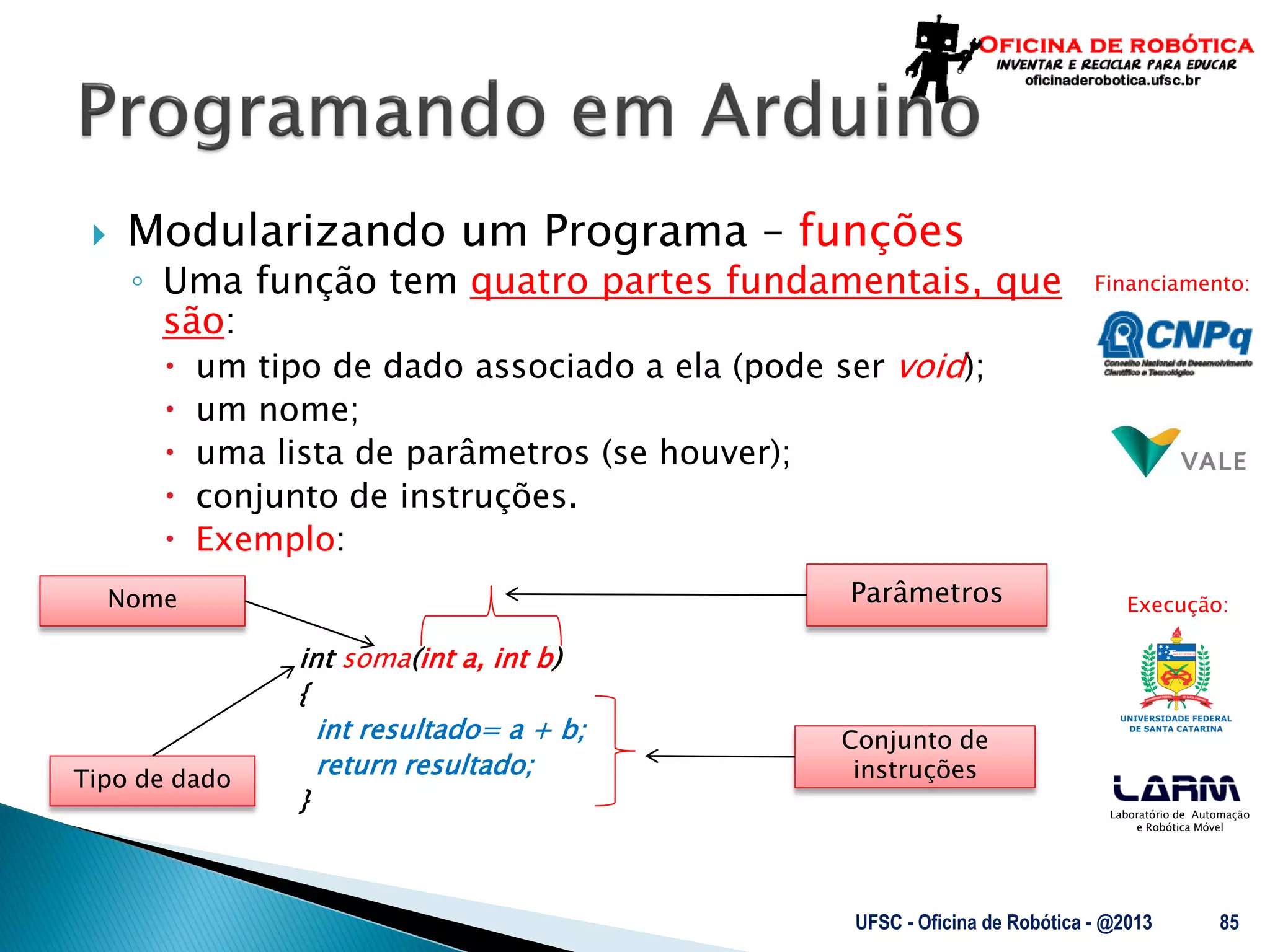 Laboratório de Automação
e Robótica Móvel
Financiamento:
Execução:
 Modularizando um Programa – funções
◦ Uma função tem quatro partes fundamentais, que
são:
 um tipo de dado associado a ela (pode ser void);
 um nome;
 uma lista de parâmetros (se houver);
 conjunto de instruções.
 Exemplo:
int soma(int a, int b)
{
int resultado= a + b;
return resultado;
}
UFSC - Oficina de Robótica - @2013 85
Parâmetros
Tipo de dado
Nome
Conjunto de
instruções
 