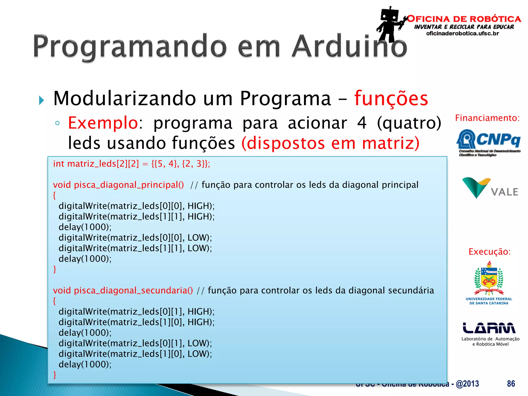 Laboratório de Automação
e Robótica Móvel
Financiamento:
Execução:
 Modularizando um Programa – funções
◦ Exemplo: programa para acionar 4 (quatro)
leds usando funções (dispostos em matriz)
UFSC - Oficina de Robótica - @2013 86
int matriz_leds[2][2] = {{5, 4}, {2, 3}};
void pisca_diagonal_principal() // função para controlar os leds da diagonal principal
{
digitalWrite(matriz_leds[0][0], HIGH);
digitalWrite(matriz_leds[1][1], HIGH);
delay(1000);
digitalWrite(matriz_leds[0][0], LOW);
digitalWrite(matriz_leds[1][1], LOW);
delay(1000);
}
void pisca_diagonal_secundaria() // função para controlar os leds da diagonal secundária
{
digitalWrite(matriz_leds[0][1], HIGH);
digitalWrite(matriz_leds[1][0], HIGH);
delay(1000);
digitalWrite(matriz_leds[0][1], LOW);
digitalWrite(matriz_leds[1][0], LOW);
delay(1000);
}
 