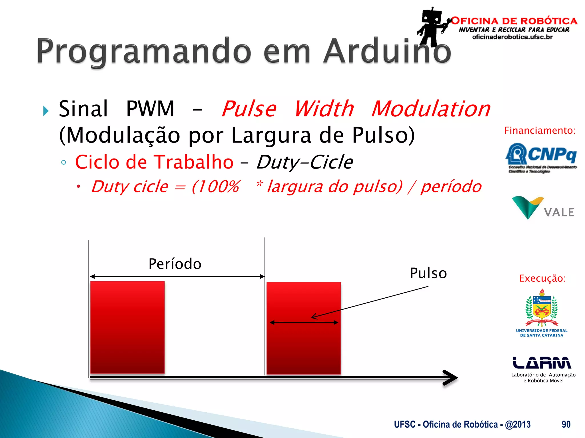 Laboratório de Automação
e Robótica Móvel
Financiamento:
Execução:
 Sinal PWM – Pulse Width Modulation
(Modulação por Largura de Pulso)
◦ Ciclo de Trabalho – Duty-Cicle
 Duty cicle = (100% * largura do pulso) / período
UFSC - Oficina de Robótica - @2013 90
Período
Pulso
 