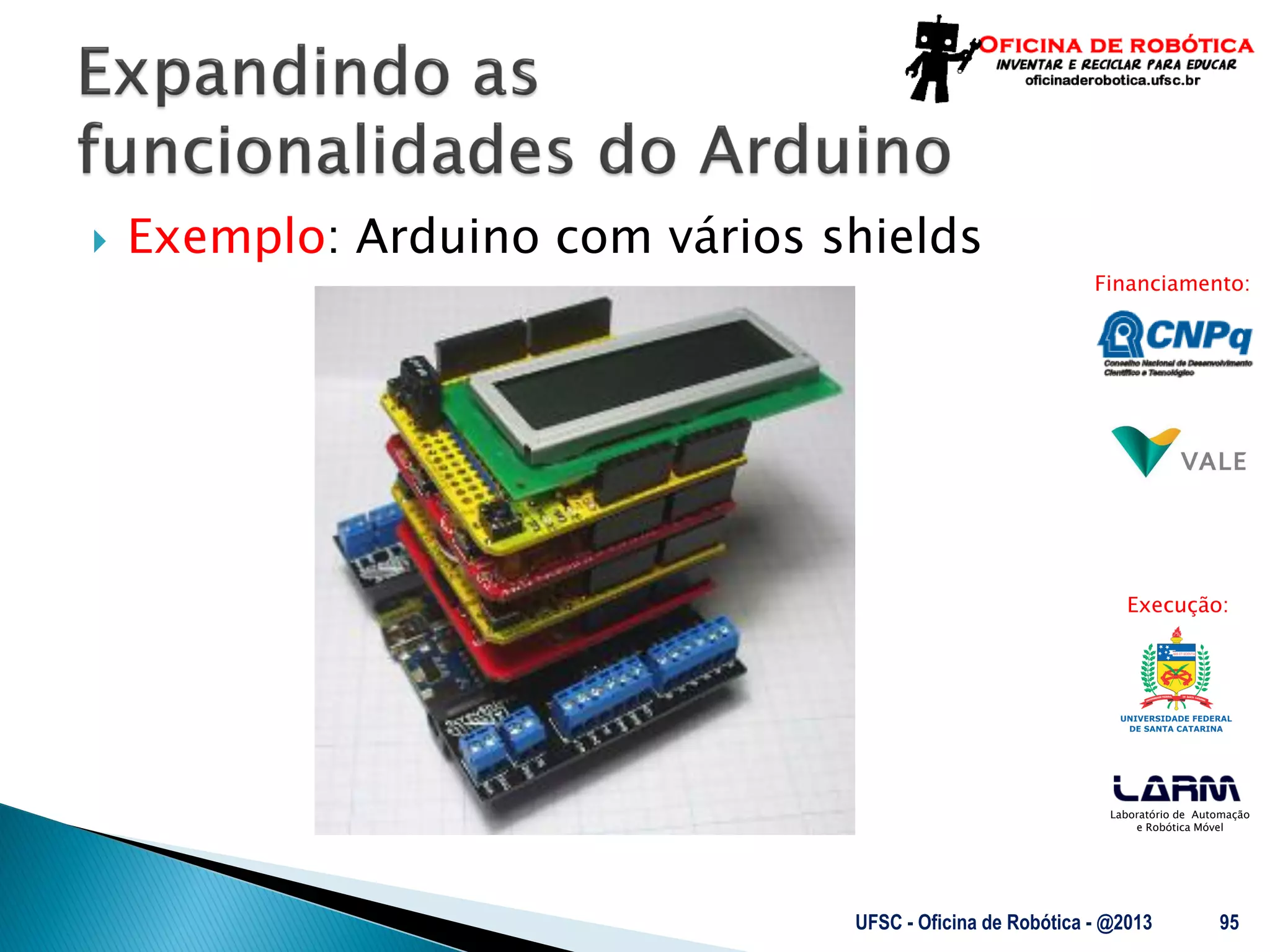 Laboratório de Automação
e Robótica Móvel
Financiamento:
Execução:
 Exemplo: Arduino com vários shields
UFSC - Oficina de Robótica - @2013 95
 
