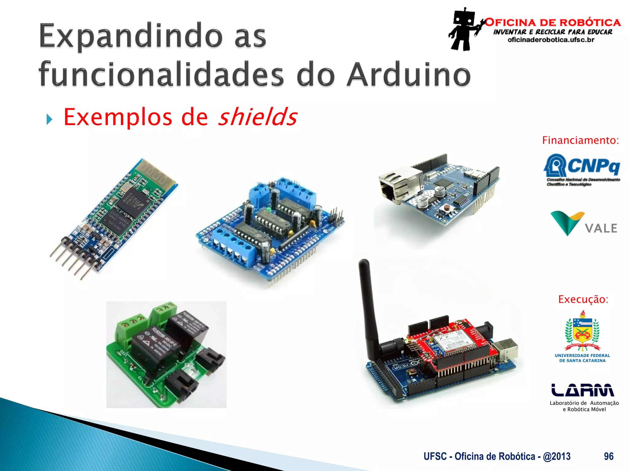 Laboratório de Automação
e Robótica Móvel
Financiamento:
Execução:
 Exemplos de shields
UFSC - Oficina de Robótica - @2013 96
 