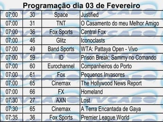 Programação dia 03 de Fevereiro
07:00    30      Space      Justified
07:00    31       TNT       O Casamento do meu Melhor Amigo
07:00    36    Fox Sports   Central Fox
07:00    46       Glitz     Iconoclasts
07:00    49   Band Sports   WTA: Pattaya Open - Vivo
07:00    59        ID       Prison Break: Sammy no Comando
07:00    60   Eurochannel   Companheiros do Porto
07:00    61       Fox       Pequenos Invasores
07:00    65     Cinemax     The Hollywood News Report
07:00    66        FX       Homeland
07:30    27       AXN       Lost
07:30    65     Cinemax     A Terra Encantada de Gaya
07:35    36    Fox Sports   Premier League World
 
