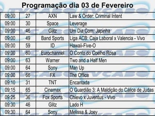 Programação dia 03 de Fevereiro
09:00    27       AXN       Law & Order: Criminal Intent
09:00    30      Space      Leverage
09:00    46       Glitz     Um Dia Com: Japinha
09:00    49   Band Sports   Liga ACB: Caja Laboral x Valencia - Vivo
09:00    59        ID       Hawaii-Five-O
09:00    60   Eurochannel   O Conto do Coelho Rosa
09:00    63     Warner      Two and a Half Men
09:00    64       Sony      Man Up
09:00    66        FX       The Office
09:10    31       TNT       Encantada
09:15    65     Cinemax     O Guardião 3: A Maldição do Cálice de Judas
09:25    36    Fox Sports   Chievo x Juventus - Vivo
09:30    46       Glitz     Lado H
09:30    64       Sony      Melissa & Joey
 