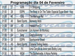 Programação dia 04 de Fevereiro
01:00   27    AXN      TV Shopping
01:00   28    ESPN The Book Is On The Table: Especial Super Bowl - Vivo
01:00   46     Glitz   The Marriage Ref
01:00   49 Band Sports Momento Moto
01:00   59      ID     Hawaii-Five-O
01:00   60 Eurochannel Um Homem de Munkácz
01:00   64    Sony     Grey's Anatomy
01:30   28    ESPN Sportscenter Brasil
01:30   49 Band Sports Extreme Sailing Series
01:40   66     FX      Uma Canção de Amor para Bobby Long
01:50   56    MGM The Bachelorette: A Noiva Perfeita
 