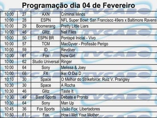 Programação dia 04 de Fevereiro
10:00   27         AXN          Criminal Minds
10:00   28        ESPN          NFL Super Bowl: San Francisco 49ers x Baltimore Ravens
10:00   29     Boomerang        Pretty Little Liars
10:00   46         Glitz        Nail Files
10:00   50      ESPN BR         Pontapé Inicial - Vivo
10:00   57         TCM          MacGyver - Profissão Perigo
10:00   59          ID          Revólver
10:00   61         Fox          New Girl
10:00   62   Studio Universal   Ringer
10:00   64        Sony          Melissa & Joey
10:00   66          FX          Ike: O Dia D
10:10   30        Space         O Melhor do Strikeforce: Ruiz V. Prangley
10:30   30        Space         A Rocha
10:30   46         Glitz        Taste It
10:30   49     Band Sports      Debate e Pronto
10:30   64        Sony          Man Up
10:45   36      Fox Sports      Visão Fox: Libertadores
10:50   61         Fox          How I Met Your Mother
 