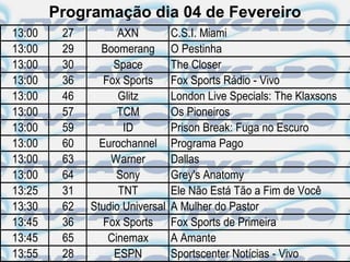 Programação dia 04 de Fevereiro
13:00    27         AXN          C.S.I. Miami
13:00    29     Boomerang        O Pestinha
13:00    30        Space         The Closer
13:00    36      Fox Sports      Fox Sports Rádio - Vivo
13:00    46         Glitz        London Live Specials: The Klaxsons
13:00    57         TCM          Os Pioneiros
13:00    59          ID          Prison Break: Fuga no Escuro
13:00    60     Eurochannel      Programa Pago
13:00    63       Warner         Dallas
13:00    64         Sony         Grey's Anatomy
13:25    31         TNT          Ele Não Está Tão a Fim de Você
13:30    62   Studio Universal   A Mulher do Pastor
13:45    36      Fox Sports      Fox Sports de Primeira
13:45    65       Cinemax        A Amante
13:55    28        ESPN          Sportscenter Notícias - Vivo
 
