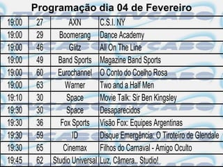 Programação dia 04 de Fevereiro
19:00    27         AXN          C.S.I. NY
19:00    29     Boomerang        Dance Academy
19:00    46         Glitz        All On The Line
19:00    49     Band Sports      Magazine Band Sports
19:00    60     Eurochannel      O Conto do Coelho Rosa
19:00    63       Warner         Two and a Half Men
19:10    30        Space         Movie Talk: Sir Ben Kingsley
19:30    30        Space         Desaparecidos
19:30    36      Fox Sports      Visão Fox: Equipes Argentinas
19:30    59          ID          Disque Emergência: O Tiroteiro de Glendale
19:30    65       Cinemax        Filhos do Carnaval - Amigo Oculto
19:45    62   Studio Universal   Luz, Câmera.. Studio!
 