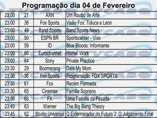 Programação dia 04 de Fevereiro
23:00   27         AXN          Um Roubo de Arte
23:00   36      Fox Sports      Visão Fox: Toluca e Leon
23:00   49     Band Sports      Band Sports News
23:00   50      ESPN BR         Sportscenter - Vivo
23:00   59          ID          Blue Bloods: Informante
23:00   60     Eurochannel      Home/ Work
23:00   64         Sony         Private Practice
23:30   29     Boomerang        Date My Mom
23:30   36      Fox Sports      Programação FOX SPORTS
23:30   61         Fox          Recém Formada
23:30   65       Cinemax        Família Soprano
23:30   66          FX          Uma Família da Pesada
23:40   63       Warner         The Big Bang Theory
23:45   62   Studio Universal   O Exterminador do Futuro 2: O Julgamento Final
 