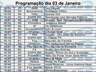 Programação dia 03 de Janeiro
16:00    27       AXN       Las Vegas
16:00    29   Boomerang     Boombox Video
16:00    46       Glitz     Gossip Girl
16:00    50    ESPN BR      Aventuras com Renata Falzoni
16:00    57       TCM       Grease: Nos Tempos da Brilhantina
16:00    58    PrimeBox      Jukebox Brasil
16:00    59        ID       Os Detetives
16:00    60   Eurochannel   Lulu & Leon
16:00    63     Warner      2 Broke Girls
16:10    31       TNT       Celular - Um Grito de Socorro
16:15    50    ESPN BR      X-Treme TV
16:15    61       Fox       Reunião de Família
16:15    65     Cinemax     The Hollywood News Report
16:20    36    Fox Sports   Fox Sports de Primeira
16:25    66        FX       Quero Ser Grande
16:30    50    ESPN BR      Rugby: África do Sul x Austrália
16:30    58    PrimeBox      Não Se Pode Viver Sem Amor
16:30    63     Warner      Mike & Molly
16:45    30      Space      Reino de Fogo
16:45    65     Cinemax     Hotel Ruanda - Uma História Real
16:50    36    Fox Sports   Dakar 2012
16:50    56      MGM        Efeito Borboleta
 