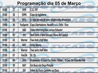 Programação dia 05 de Março
19:00   27      AXN       C.S.I. NY
19:00   28      ESPN      Copa da Inglaterra
19:00   29      BOO       A Vida Secreta de Uma Adolescente Americana
19:00   36    FoxSports   Copa Libertadores: Newell's x U. Chile - Vivo
19:00   37      A&E       Vidas Interrompidas: Larissa Schuster
19:00   41       DIS      Sem Corte e Sem Censura: Dores de Cabeça
19:00   63     Warner     Two And a Half Men
19:00   69      DKD       Veloz Mente
19:30   63     Warner     Two and a Half Men
19:30   67     FoxLife    Dr. Oz
19:30   69      DKD       Peixonauta: O Caso Das Flores Pálidas / O Caso Do Chumbo Feliz
19:45   39      NAT       Em Busca da Onça-Pintada
19:50   41       DIS      Febre do Ouro: Caminho ao Ouro
 