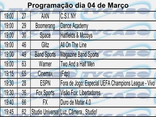 Programação dia 04 de Março
19:00   27       AXN        C.S.I. NY
19:00   29 Boomerang Dance Academy
19:00   30      Space Hatfields & Mccoys
19:00   46       Glitz      All On The Line
19:00   49 Band Sports Magazine Band Sports
19:00   63     Warner Two And a Half Men
19:15   65    Cinemax (Fdp)
19:30   28      ESPN Fora de Jogo: Especial UEFA Champions League - Vivo
19:30   36 Fox Sports Visão Fox: Libertadores
19:40   66        FX        Duro de Matar 4.0
19:45   62 Studio Universal Luz, Câmera.. Studio!
 