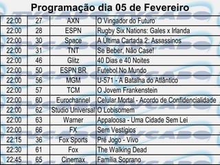 Programação dia 05 de Fevereiro
22:00   27         AXN          O Vingador do Futuro
22:00   28        ESPN          Rugby Six Nations: Gales x Irlanda
22:00   30        Space         A Última Cartada 2: Assassinos
22:00   31         TNT          Se Beber, Não Case!
22:00   46         Glitz        40 Dias e 40 Noites
22:00   50      ESPN BR         Futebol No Mundo
22:00   56        MGM           U-571 - A Batalha do Atlântico
22:00   57         TCM          O Jovem Frankenstein
22:00   60     Eurochannel      Celular Mortal - Acordo de Confidencialidade
22:00   62   Studio Universal   O Lobisomem
22:00   63       Warner         Appaloosa - Uma Cidade Sem Lei
22:00   66          FX          Sem Vestígios
22:15   36      Fox Sports      Pré Jogo - Vivo
22:30   61         Fox          The Walking Dead
22:45   65       Cinemax        Família Soprano
 