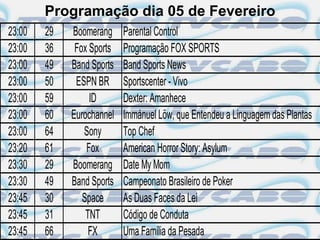 Programação dia 05 de Fevereiro
23:00   29   Boomerang     Parental Control
23:00   36    Fox Sports   Programação FOX SPORTS
23:00   49   Band Sports   Band Sports News
23:00   50    ESPN BR      Sportscenter - Vivo
23:00   59        ID       Dexter: Amanhece
23:00   60   Eurochannel   Immánuel Löw, que Entendeu a Linguagem das Plantas
23:00   64      Sony       Top Chef
23:20   61       Fox       American Horror Story: Asylum
23:30   29   Boomerang     Date My Mom
23:30   49   Band Sports   Campeonato Brasileiro de Poker
23:45   30      Space      As Duas Faces da Lei
23:45   31       TNT       Código de Conduta
23:45   66        FX       Uma Família da Pesada
 