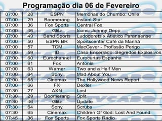 Programação dia 06 de Fevereiro
07:00    28      ESPN       Memórias do Chumbo: Chile
07:00    29   Boomerang     Instant Star
07:00    36    Fox Sports   Central Fox
07:00    46       Glitz     Icons: Johnny Depp
07:00    49   Band Sports   Ludogorets x Atlético Paranaense
07:00    50    ESPN BR      Sportscenter Café da Manhã
07:00    57       TCM       MacGyver - Profissão Perigo
07:00    59        ID       Caso Encerrado: Segredos Explosivos
07:00    60   Eurochannel   Eurocurtas Espanha
07:00    61       Fox       Antonia
07:00    63     Warner      Two and a Half Men
07:00    64       Sony      Mad About You
07:00    65     Cinemax     The Hollywood News Report
07:00    66        FX       Dexter
07:30    27       AXN       Lost
07:30    29   Boomerang     Split
07:30    46       Glitz     Update
07:30    64       Sony      Scrubs
07:30    65     Cinemax     Children Of God: Lost And Found
07:45    36    Fox Sports   Fox Sports Rádio
 