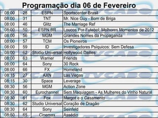Programação dia 06 de Fevereiro
08:00   28        ESPN          Sportscenter Brasil
08:00   31         TNT          Mr. Nice Guy - Bom de Briga
08:00   46         Glitz        The Marriage Ref
08:00   50      ESPN BR         Loucos Por Futebol: Melhores Momentos de 2012
08:00   56        MGM           Grandes Nomes da Propaganda
08:00   57         TCM          Os Pioneiros
08:00   59          ID          Investigadores Psíquicos: Sem Defesa
08:00   62   Studio Universal   Hollywood Dailies
08:00   63       Warner         Friends
08:00   64        Sony          30 Rock
08:00   66          FX          Homeland
08:15   27         AXN          Las Vegas
08:15   30        Space         Leverage
08:30   56        MGM           Action Zone
08:30   60     Eurochannel      Sem Maquiagem - As Mulheres do Vinho Natural
08:30   61         Fox          Margot e o Casamento
08:30   62   Studio Universal   Coração de Dragão
08:30   64        Sony          Seinfeld
08:50   65      Cinemax         Assédio
 