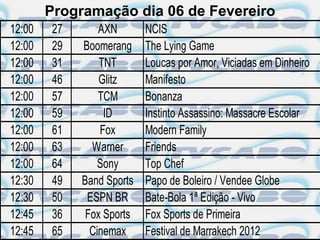 Programação dia 06 de Fevereiro
12:00   27       AXN       NCIS
12:00   29   Boomerang     The Lying Game
12:00   31       TNT       Loucas por Amor, Viciadas em Dinheiro
12:00   46       Glitz     Manifesto
12:00   57       TCM       Bonanza
12:00   59        ID       Instinto Assassino: Massacre Escolar
12:00   61       Fox       Modern Family
12:00   63     Warner      Friends
12:00   64       Sony      Top Chef
12:30   49   Band Sports   Papo de Boleiro / Vendee Globe
12:30   50    ESPN BR      Bate-Bola 1ª Edição - Vivo
12:45   36    Fox Sports   Fox Sports de Primeira
12:45   65     Cinemax     Festival de Marrakech 2012
 