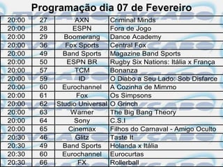 Programação dia 07 de Fevereiro
20:00    27         AXN          Criminal Minds
20:00    28        ESPN          Fora de Jogo
20:00    29     Boomerang        Dance Academy
20:00    36      Fox Sports      Central Fox
20:00    49     Band Sports      Magazine Band Sports
20:00    50      ESPN BR         Rugby Six Nations: Itália x França
20:00    57         TCM          Bonanza
20:00    59          ID          O Diabo a Seu Lado: Sob Disfarce
20:00    60     Eurochannel      A Cozinha de Mimmo
20:00    61         Fox          Os Simpsons
20:00    62   Studio Universal   O Grinch
20:00    63       Warner         The Big Bang Theory
20:00    64         Sony         C.S.I
20:00    65       Cinemax        Filhos do Carnaval - Amigo Oculto
20:30    46         Glitz        Taste It
20:30    49     Band Sports      Holanda x Itália
20:30    60     Eurochannel      Eurocurtas
20:30    66          FX          Rollerball
 