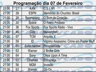 Programação dia 07 de Fevereiro
21:00    27       AXN       C.S.I. NY
21:00    28      ESPN       Memórias do Chumbo: Brasil
21:00    29   Boomerang     O Som do Coração
21:00    30      Space      O Reino Proibido
21:00    36    Fox Sports   Fox Sports Rádio - Vivo
21:00    46       Glitz     Masterchef
21:00    57       TCM       Arquivo X
21:00    59        ID       Vizinho Assassino: Crime em Poplar Bluff
21:00    60   Eurochannel   Prosperidade
21:00    63     Warner      2 Broke Girls
21:00    64      Sony       Once Upon A Time
21:00    65     Cinemax     Entourage
21:30    56      MGM        Invasão
21:30    63     Warner      Go On
 