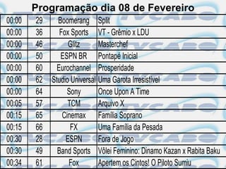 Programação dia 08 de Fevereiro
00:00   29     Boomerang Split
00:00   36      Fox Sports VT - Grêmio x LDU
00:00   46         Glitz      Masterchef
00:00   50      ESPN BR Pontapé Inicial
00:00   60     Eurochannel Prosperidade
00:00   62   Studio Universal Uma Garota Irresistível
00:00   64         Sony       Once Upon A Time
00:05   57         TCM        Arquivo X
00:15   65       Cinemax Família Soprano
00:15   66          FX        Uma Família da Pesada
00:30   28        ESPN        Fora de Jogo
00:30   49     Band Sports Vôlei Feminino: Dinamo Kazan x Rabita Baku
00:34   61         Fox        Apertem os Cintos! O Piloto Sumiu
 