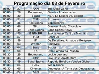Programação dia 08 de Fevereiro
06:00    27       AXN       The Dead Zone
06:00    29   Boomerang     Garotas Apaixonadas
06:00    30      Space      NBA: La Lakers Vs. Boston
06:00    31       TNT       Roxanne
06:00    36    Fox Sports   Sepaktakraw
06:00    46       Glitz     Glamour Puds: Chocolate
06:00    49   Band Sports   Band Sports News
06:00    50    ESPN BR      Sportscenter Café da Manhã
06:00    57       TCM       Casal 20
06:00    59        ID       Os Detetives: Armado e Perigoso
06:00    63     Warner      Smallville
06:00    64       Sony      Scrubs
06:11    66        FX       Uma Família da Pesada
06:30    29   Boomerang     Lockie Leonard
06:30    46       Glitz     Low Cost: Amsterdam
06:30    49   Band Sports   Papo de Boleiro / Vendee Globe
06:30    64       Sony      Will & Grace
06:30    65     Cinemax     Dinotopia - A Terra dos Dinossauros
06:45    27       AXN       NCIS
 