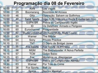 Programação dia 08 de Fevereiro
16:00   27         AXN          Las Vegas
16:00   29     Boomerang        Boombox All Access
16:00   46         Glitz        Operação: Salvem os Golfinhos
16:00   49     Band Sports      Liga ACB: Valencia x Asefa Estudiantes -Vivo
16:00   50      ESPN BR         Prévia do Campeonato Inglês
16:00   59          ID          Os Detetives: Armado e Perigoso
16:00   60     Eurochannel      Prosperidade
16:00   62   Studio Universal   Um Natal Muito, Muito Louco
16:00   63       Warner         The Middle
16:00   64        Sony          Private Practice
16:10   31         TNT          O Diário de Bridget Jones
16:15   36      Fox Sports      Fox Sports de Primeira
16:15   56        MGM           The Bachelorette: A Noiva Perfeita
16:15   57         TCM          Golpe Baixo
16:15   61         Fox          Monstros vs. Alienígenas
16:30   50      ESPN BR         Prévia do Campeonato Alemão
16:30   63       Warner         Por Trás do Crime
16:45   36      Fox Sports      Ball Up
16:55   30        Space         Somos Marshall
 