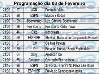Programação dia 08 de Fevereiro
21:00    27      AXN       Ponto de Vista
21:00    28     ESPN       Mundo 2 Rodas
21:00    29   Boomerang    Luz, Câmera, Boomerang
21:00    36   Fox Sports   Fox Sports Rádio - Vivo
21:00    46      Glitz     Iconoclasts
21:00    50    ESPN BR     Show da Rodada do Campeonato Francês
21:00    57      TCM       Os Três Patetas
21:00    59       ID       Pecados Mortais: Berço Esplêndido
21:00    64      Sony      American Idol
21:00    65    Cinemax     Operação Fim de Jogo
21:15    28     ESPN       30 For 30: There's No Place Like Home
21:30    50    ESPN BR     Prévia do Campeonato Inglês
 