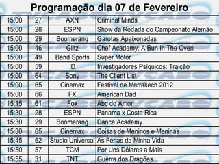 Programação dia 07 de Fevereiro
15:00   27         AXN          Criminal Minds
15:00   28        ESPN          Show da Rodada do Campeonato Alemão
15:00   29     Boomerang        Garotas Apaixonadas
15:00   46         Glitz        Chef Academy: A Bun In The Oven
15:00   49     Band Sports      Super Motor
15:00   59          ID          Investigadores Psíquicos: Traição
15:00   64        Sony          The Client List
15:00   65      Cinemax         Festival de Marrakech 2012
15:00   66          FX          American Dad
15:15   61         Fox          Abc do Amor
15:30   28        ESPN          Panama x Costa Rica
15:30   29     Boomerang        Dance Academy
15:30   65      Cinemax         Coisas de Meninos e Meninas
15:45   62   Studio Universal   As Férias da Minha Vida
15:50   57         TCM          Por Uns Dólares a Mais
15:55   31         TNT          Guerra dos Dragões
 