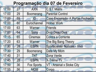 Programação dia 07 de Fevereiro
17:00    27       AXN       C.S.I. Miami
17:00    29   Boomerang     Parental Control
17:00    59        ID       Caso Encerrado: A Portas Fechadas
17:00    60   Eurochannel   Home/ Work
17:00    63     Warner      Friends
17:00    64      Sony       Drop Dead Diva
17:15    65     Cinemax     Contra a Corrente
17:20    63     Warner      The Big Bang Theory
17:30    28      ESPN       Sportscenter Notícias - Vivo
17:30    29   Boomerang     Date My Mom
17:40    31       TNT       Zona Verde
17:45    28      ESPN       X-Treme TV
17:50    36    Fox Sports   VT - Arsenal x Stoke City
17:55    56      MGM        Corpo
 