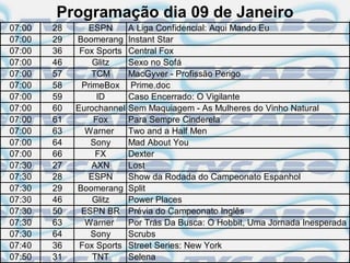 Programação dia 09 de Janeiro
07:00   28      ESPN       A Liga Confidencial: Aqui Mando Eu
07:00   29   Boomerang     Instant Star
07:00   36    Fox Sports   Central Fox
07:00   46       Glitz     Sexo no Sofá
07:00   57       TCM       MacGyver - Profissão Perigo
07:00   58    PrimeBox      Prime.doc
07:00   59        ID       Caso Encerrado: O Vigilante
07:00   60   Eurochannel   Sem Maquiagem - As Mulheres do Vinho Natural
07:00   61       Fox       Para Sempre Cinderela
07:00   63     Warner      Two and a Half Men
07:00   64      Sony       Mad About You
07:00   66        FX       Dexter
07:30   27       AXN       Lost
07:30   28      ESPN       Show da Rodada do Campeonato Espanhol
07:30   29   Boomerang     Split
07:30   46       Glitz     Power Places
07:30   50    ESPN BR      Prévia do Campeonato Inglês
07:30   63     Warner      Por Trás Da Busca: O Hobbit, Uma Jornada Inesperada
07:30   64      Sony       Scrubs
07:40   36    Fox Sports   Street Series: New York
07:50   31       TNT       Selena
 