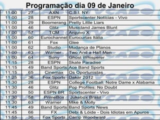 Programação dia 09 de Janeiro
11:00   27       AXN       C.S.I. NY
11:00   28      ESPN       Sportscenter Notícias - Vivo
11:00   29   Boomerang     Pretty Little Liars
11:00   46       Glitz     Musicland James Blunt
11:00   57       TCM       Arquivo X
11:00   60   Eurochannel   Eurocurtas Itália
11:00   61       Fox       Glee
11:00   62      Studio     Mudança de Planos
11:00   63     Warner      Two And a Half Men
11:00   64       Sony      Ghost Whisperer
11:15   28      ESPN       Skate Paradise
11:15   49   Band Sports   Ace Band Sports
11:15   65     Cinemax     Os Oportunistas
11:25   36    Fox Sports   Dakar 2012
11:30   28      ESPN       College Football: Notre Dame x Alabama
11:30   46       Glitz     Pop Profiles: No Doubt
11:30   50    ESPN BR      Sportscenter - Vivo
11:30   58    PrimeBox     Jukebox Brasil
11:30   63     Warner      Mike & Molly
11:45   49   Band Sports   Band Sports News
11:45   66        FX       Debi & Lóide - Dois Idiotas em Apuros
11:55   36    Fox Sports   Camp Woodward
 