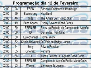 Programação dia 12 de Fevereiro
02:00   28      ESPN        Borussia Dortmund x Hamburgo
02:00   29   Boomerang Heartland
02:00   46       Glitz      The Artists Den: Ringo Starr
02:00   49   Band Sports Rugby Sevens World Series
02:00   50    ESPN BR Show da Rodada do Campeonato Alemão
02:00   59        ID        Dementes: Ivan Milat
02:00   60   Eurochannel Home/ Work
02:00   62 Studio Universal O Diário de Bridget Jones
02:00   64      Sony        Private Practice
02:00   65    Cinemax Perfume
02:13   66        FX        Austin Powers - O Agente Bond Cama
02:30   50    ESPN BR Campeonato Alemão Perfis: Mario Gotze
02:30   63     Warner       Eternamente Jovem
 