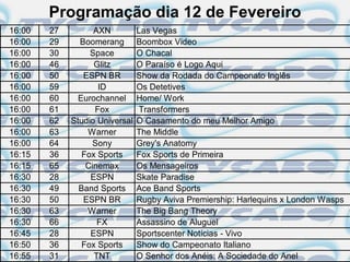 Programação dia 12 de Fevereiro
16:00   27         AXN          Las Vegas
16:00   29     Boomerang        Boombox Video
16:00   30        Space         O Chacal
16:00   46         Glitz        O Paraíso é Logo Aqui
16:00   50      ESPN BR         Show da Rodada do Campeonato Inglês
16:00   59          ID          Os Detetives
16:00   60     Eurochannel      Home/ Work
16:00   61         Fox          Transformers
16:00   62   Studio Universal   O Casamento do meu Melhor Amigo
16:00   63       Warner         The Middle
16:00   64         Sony         Grey's Anatomy
16:15   36      Fox Sports      Fox Sports de Primeira
16:15   65       Cinemax        Os Mensageiros
16:30   28        ESPN          Skate Paradise
16:30   49     Band Sports      Ace Band Sports
16:30   50      ESPN BR         Rugby Aviva Premiership: Harlequins x London Wasps
16:30   63       Warner         The Big Bang Theory
16:30   66          FX          Assassino de Aluguel
16:45   28        ESPN          Sportscenter Notícias - Vivo
16:50   36      Fox Sports      Show do Campeonato Italiano
16:55   31         TNT          O Senhor dos Anéis: A Sociedade do Anel
 