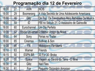 Programação dia 12 de Fevereiro
18:00   27       AXN        NCIS
18:00   29   Boomerang A Vida Secreta de Uma Adolescente Americana
18:00   46       Glitz      On Top: Os Trendsetters Mais Rebeldes Da Música
18:00   59        ID        FBI no Século 21: O Assassino de Gainsville
18:00   60   Eurochannel Um Dia Perfeito
18:00   62 Studio Universal O Melhor Amigo da Noiva
18:00   64      Sony        Férias no Trailer
18:00   65    Cinemax Sullivan & Son
18:00   66        FX        Motoqueiro Fantasma
18:10   63     Warner       Friends
18:15   50    ESPN BR 30 For 30: Broke
18:20   30      Space       Viagem ao Centro da Terra - O filme
18:30   46       Glitz      Nail Files
18:30   61       Fox        Pequeno Dicionário Amoroso
 