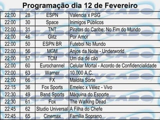 Programação dia 12 de Fevereiro
22:00   28        ESPN          Valencia x PSG
22:00   30        Space         Inimigos Públicos
22:00   31         TNT          Piratas do Caribe: No Fim do Mundo
22:00   46         Glitz        Por Amor
22:00   50      ESPN BR         Futebol No Mundo
22:00   56        MGM           Anjos da Noite - Underworld
22:00   57         TCM          Um dia de cão
22:00   60     Eurochannel      Celular Mortal - Acordo de Confidencialidade
22:00   63       Warner         10.000 A.C.
22:00   66          FX          Maldita Sorte
22:15   36      Fox Sports      Emelec x Vélez - Vivo
22:30   49     Band Sports      Máquina do Esporte
22:30   61         Fox          The Walking Dead
22:45   62   Studio Universal   A Filha do Chefe
22:45   65       Cinemax        Família Soprano
 