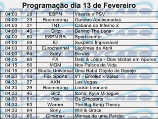 Programação dia 13 de Fevereiro
04:00    28        ESPN          Vitesse x PSV
04:00    29     Boomerang        Garotas Apaixonadas
04:00    31         TNT          Cabana do Inferno 2
04:00    46         Glitz        Behind The Lens
04:00    50      ESPN BR         Sportscenter
04:00    59          ID          Suspeito Improvável
04:00    60     Eurochannel      Lágrimas de Abril
04:00    64         Sony         Scrubs
04:05    66          FX          Debi & Lóide - Dois Idiotas em Apuros
04:15    56        MGM           Nos Palcos da Vida
04:15    62   Studio Universal   Uma Babá Objeto de Desejo
04:20    36      Fox Sports      VT - Emelec x Vélez
04:30    27         AXN          Las Vegas
04:30    29     Boomerang        Lockie Leonard
04:30    46         Glitz        Icons: Kylie Minogue
04:30    61         Fox          Os Simpsons
04:30    63       Warner         The Big Bang Theory
04:30    64         Sony         Will & Grace
04:30    65       Cinemax        Marcas de uma Paixão
 