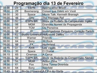 Programação dia 13 de Fevereiro
08:00   28        ESPN          Sportscenter Brasil
08:00   29     Boomerang        Coisas que Odeio em Você
08:00   30        Space         Movie Talk: Kenneth Branagh
08:00   46         Glitz        The Marriage Ref
08:00   50      ESPN BR         Show da Rodada do Campeonato Inglês
08:00   56        MGM           Grandes Nomes da Propaganda
08:00   57         TCM          Os Pioneiros
08:00   59          ID          Investigadores Psíquicos: Coração Partido
08:00   62   Studio Universal   Hollywood Dailies
08:00   63       Warner         Friends
08:00   64        Sony          30 Rock
08:00   66          FX          Homeland
08:15   27         AXN          Las Vegas
08:15   30        Space         O Chacal
08:15   65      Cinemax         A Cerca
08:30   50      ESPN BR         Show da Rodada do Campeonato Alemão
08:30   56        MGM           Action Zone
08:30   61         Fox          Uma Turma Divertida
08:30   64        Sony          Seinfeld
08:45   62   Studio Universal   A Filha do Chefe
 