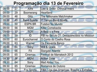 Programação dia 13 de Fevereiro
09:00   27       AXN       Law & Order: Criminal Intent
09:00   29   Boomerang     Heartland
09:00   46       Glitz     The Millionaire Matchmaker
09:00   49   Band Sports   1º Tempo Band Sports
09:00   50    ESPN BR      Futebol No Mundo
09:00   56      MGM        Killer Comebacks
09:00   57       TCM       A Bela e a Fera
09:00   59        ID       FBI no Século 21: Desaparecidos no Missouri
09:00   60   Eurochannel   O Conto do Coelho Rosa
09:00   63     Warner      Os Esquenta Banco
09:00   64       Sony      Will & Grace
09:00   66        FX       Stargate Atlantis
09:05   65     Cinemax     Festival de Marrakech 2012
09:30   56      MGM        Action Zone
09:30   64       Sony      Mad About You
09:30   65     Cinemax     Romance de Outono
09:35   36    Fox Sports   FIBA Liga das Americas: Brasília x Estrellas
 