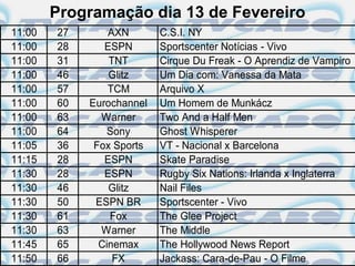 Programação dia 13 de Fevereiro
11:00   27       AXN       C.S.I. NY
11:00   28      ESPN       Sportscenter Notícias - Vivo
11:00   31       TNT       Cirque Du Freak - O Aprendiz de Vampiro
11:00   46       Glitz     Um Dia com: Vanessa da Mata
11:00   57       TCM       Arquivo X
11:00   60   Eurochannel   Um Homem de Munkácz
11:00   63     Warner      Two And a Half Men
11:00   64       Sony      Ghost Whisperer
11:05   36    Fox Sports   VT - Nacional x Barcelona
11:15   28      ESPN       Skate Paradise
11:30   28      ESPN       Rugby Six Nations: Irlanda x Inglaterra
11:30   46       Glitz     Nail Files
11:30   50    ESPN BR      Sportscenter - Vivo
11:30   61       Fox       The Glee Project
11:30   63     Warner      The Middle
11:45   65     Cinemax     The Hollywood News Report
11:50   66        FX       Jackass: Cara-de-Pau - O Filme
 