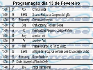 Programação dia 13 de Fevereiro
15:00   27       AXN        Criminal Minds
15:00   28      ESPN Show da Rodada do Campeonato Inglês
15:00   29 Boomerang Garotas Apaixonadas
15:00   46       Glitz      Chef Academy: Too Many Cooks
15:00   59        ID        Investigadores Psíquicos: Coração Partido
15:00   64      Sony American Idol
15:00   66        FX        American Dad
15:25   31       TNT        Piratas do Caribe: No Fim do Mundo
15:30   28      ESPN A Magia da Fa Cup: Os Melhores Gols do Manchester United
15:30   29 Boomerang Dance Academy
15:30   62 Studio Universal A Filha do Chefe
15:40   57       TCM        Intriga Internacional
 