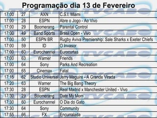Programação dia 13 de Fevereiro
17:00   27       AXN          C.S.I. Miami
17:00   28      ESPN          Abre o Jogo - Ao Vivo
17:00   29   Boomerang        Parental Control
17:00   49   Band Sports      Brasil Open - Vivo
17:00   50    ESPN BR         Rugby Aviva Premiership: Sale Sharks x Exeter Chiefs
17:00   59        ID          O Invasor
17:00   60   Eurochannel      Eurocurtas
17:00   63     Warner         Friends
17:00   64      Sony          Parks And Recreation
17:00   65    Cinemax         Fatal
17:15   62 Studio Universal   Jerry Maguire - A Grande Virada
17:20   63     Warner         The Big Bang Theory
17:30   28      ESPN          Real Madrid x Manchester United - Vivo
17:30   29   Boomerang        Date My Mom
17:30   60   Eurochannel      O Dia do Gato
17:30   64      Sony          Community
17:55   66        FX          Encurralada
 