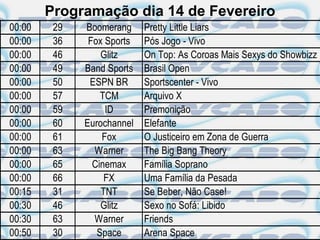 Programação dia 14 de Fevereiro
00:00    29   Boomerang     Pretty Little Liars
00:00    36    Fox Sports   Pós Jogo - Vivo
00:00    46       Glitz     On Top: As Coroas Mais Sexys do Showbizz
00:00    49   Band Sports   Brasil Open
00:00    50    ESPN BR      Sportscenter - Vivo
00:00    57       TCM       Arquivo X
00:00    59        ID       Premonição
00:00    60   Eurochannel   Elefante
00:00    61       Fox       O Justiceiro em Zona de Guerra
00:00    63     Warner      The Big Bang Theory
00:00    65     Cinemax     Família Soprano
00:00    66        FX       Uma Família da Pesada
00:15    31       TNT       Se Beber, Não Case!
00:30    46       Glitz     Sexo no Sofá: Libido
00:30    63     Warner      Friends
00:50    30      Space      Arena Space
 