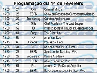 Programação dia 14 de Fevereiro
15:00    27      AXN      Criminal Minds
15:00    28     ESPN      Show da Rodada do Campeonato Alemão
15:00    29   Boomerang   Garotas Apaixonadas
15:00    46      Glitz    Chef Academy: The Last Supper
15:00    59       ID      Investigadores Psíquicos: Desaparecidos
15:00    64     Sony      The Client List
15:00    66       FX      American Dad
15:15    65    Cinemax    Ironias do Amor
15:25    31      TNT      Sex and the City - O Filme
15:30    28     ESPN      Sportscenter Notícias - Vivo
15:30    29   Boomerang   Dance Academy
15:45    28     ESPN      Abre o Jogo - Ao Vivo
15:50    61      Fox      Arquivo X - Eu Quero Acreditar
15:55    28     ESPN      Bayer Leverkusen x Benfica - Vivo
 