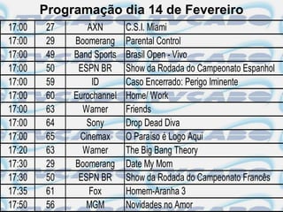 Programação dia 14 de Fevereiro
17:00    27      AXN        C.S.I. Miami
17:00    29   Boomerang     Parental Control
17:00    49   Band Sports   Brasil Open - Vivo
17:00    50    ESPN BR      Show da Rodada do Campeonato Espanhol
17:00    59        ID       Caso Encerrado: Perigo Iminente
17:00    60   Eurochannel   Home/ Work
17:00    63     Warner      Friends
17:00    64      Sony       Drop Dead Diva
17:00    65    Cinemax      O Paraíso é Logo Aqui
17:20    63     Warner      The Big Bang Theory
17:30    29   Boomerang     Date My Mom
17:30    50    ESPN BR      Show da Rodada do Campeonato Francês
17:35    61       Fox       Homem-Aranha 3
17:50    56      MGM        Novidades no Amor
 